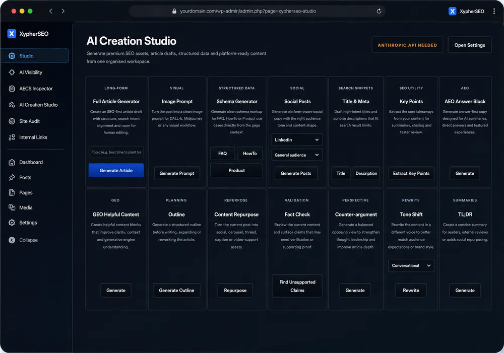XypherSEO AI Generation Studio inside the WordPress editor