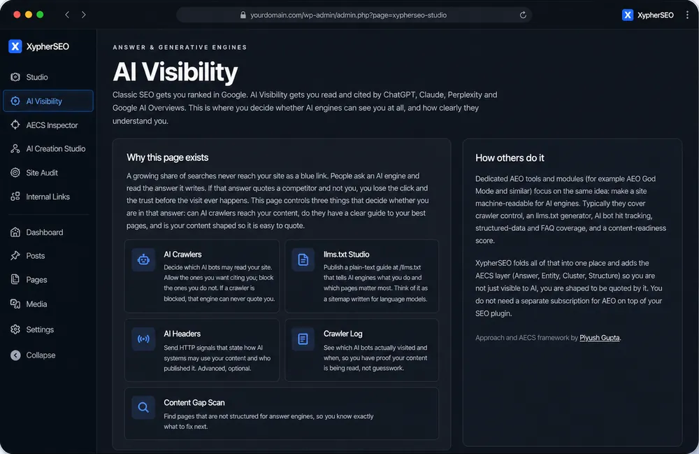 XypherSEO AI visibility controls and crawler log