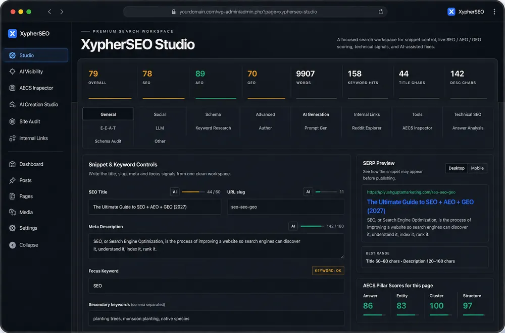 XypherSEO live SEO scoring inside the WordPress editor