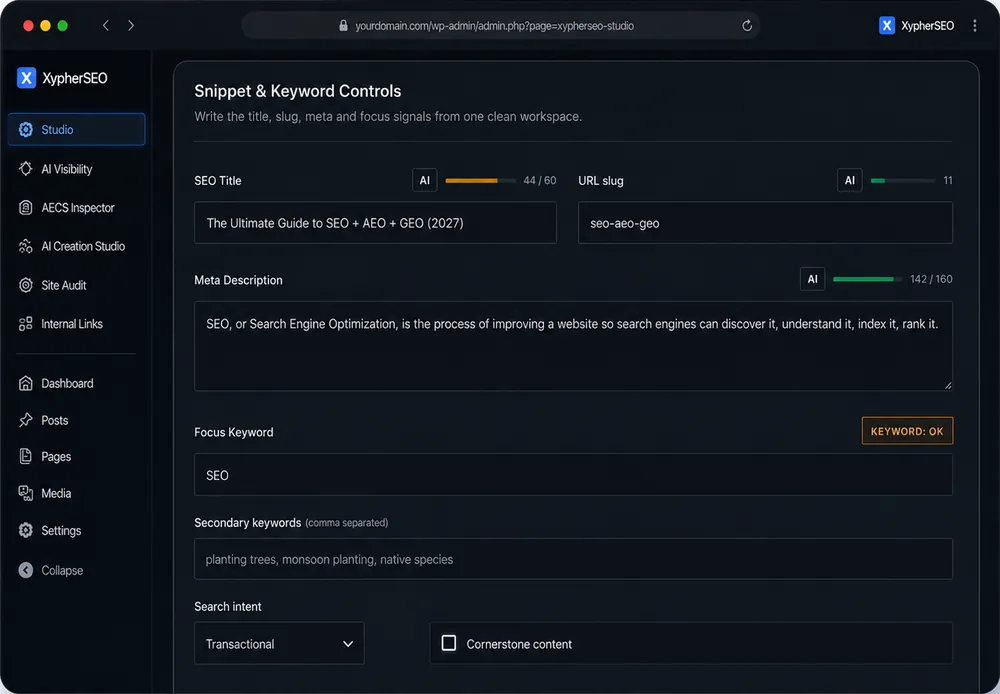 XypherSEO answer and metadata optimization panel