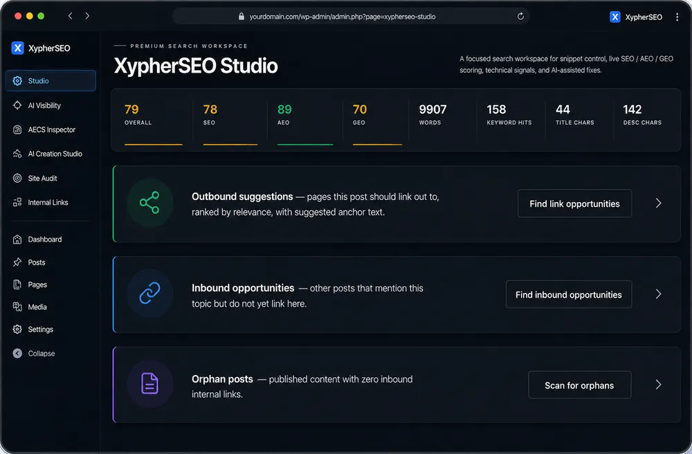 XypherSEO workflow tools including bulk editor and internal links
